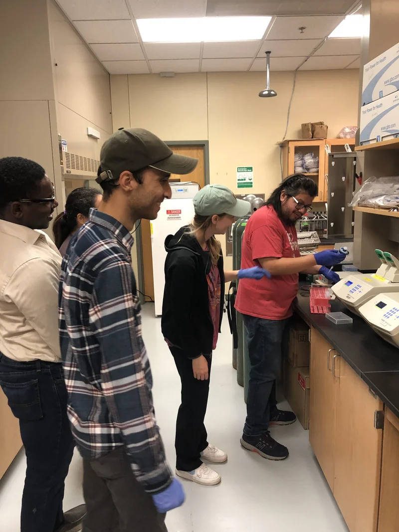 Five people gather around a laboratory bench while one uses a micropipette beside benchtop instruments.
