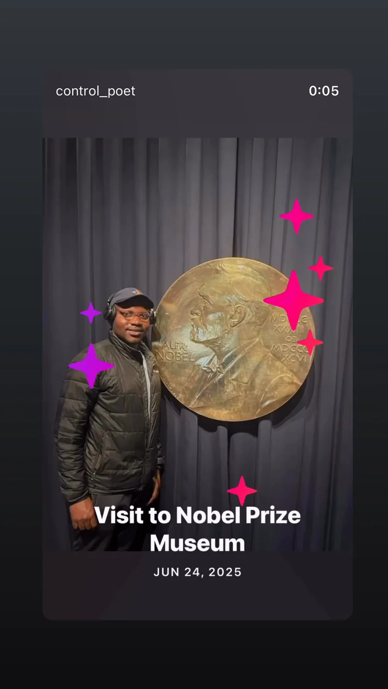 A vertical video shows a visitor beside an oversized Nobel medal, then a closer selfie view with animated stars.