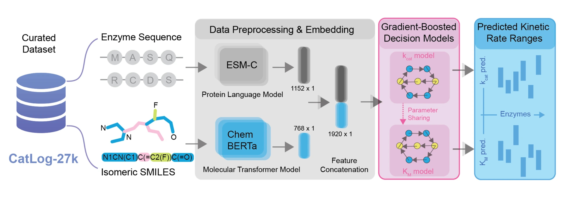 CatRange workflow joining enzyme sequences and substrate representations to predict catalytic turnover and substrate-affinity ranges.